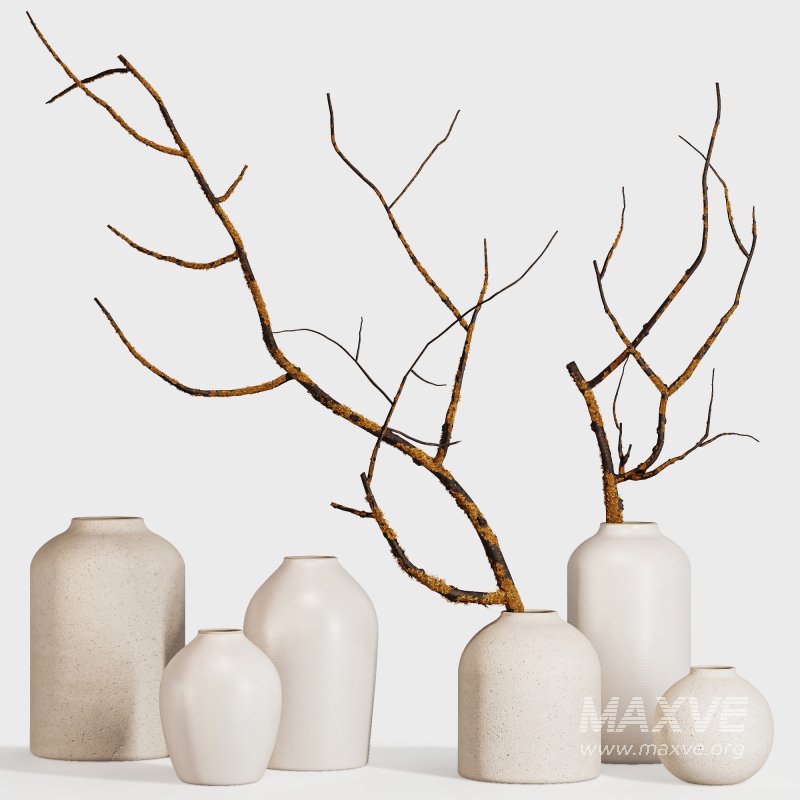 Minimalist Ceramic Vases with Rustic Mossy Branches - Image 1