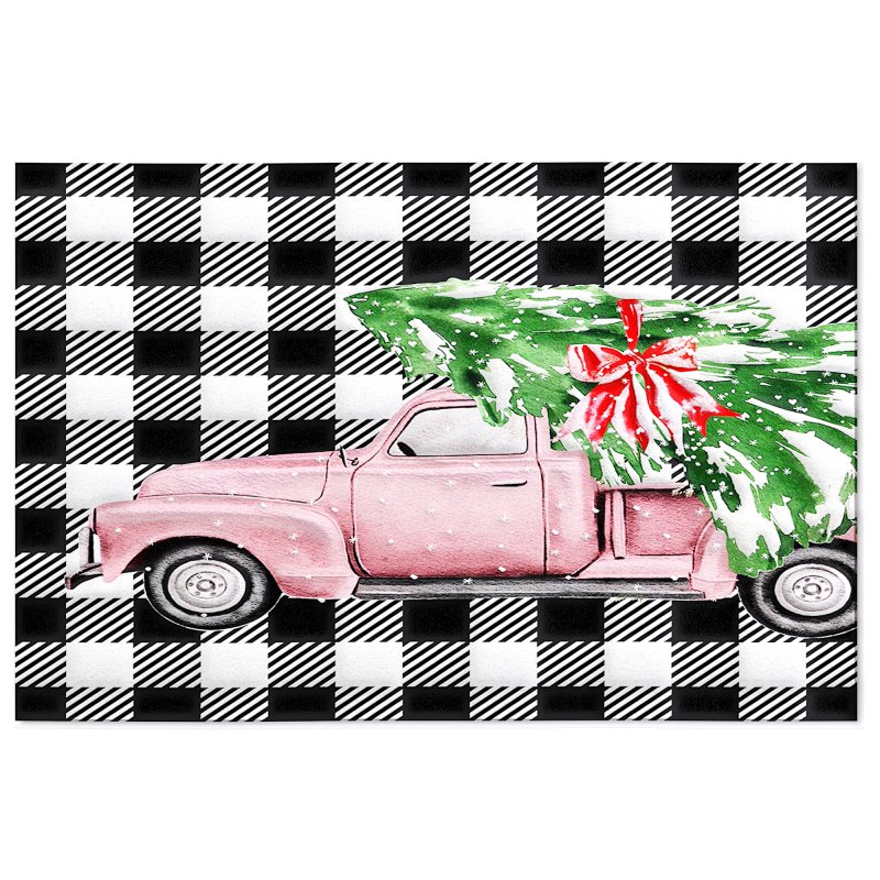 Christmas Truck Xmas Tree Black White Plaid Runner Washable Rug - Image 3