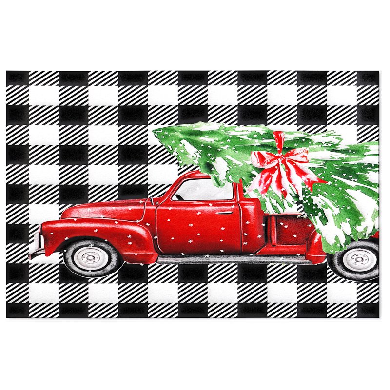 Christmas Truck Xmas Tree Black White Plaid Runner Washable Rug - Image 2