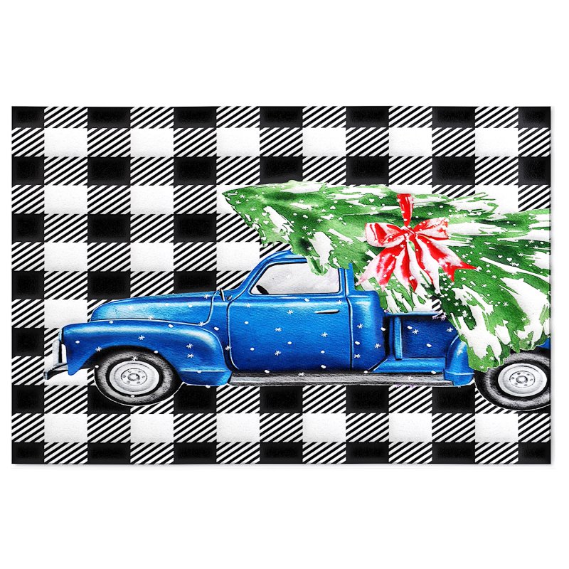 Christmas Truck Xmas Tree Black White Plaid Runner Washable Rug - Image 1