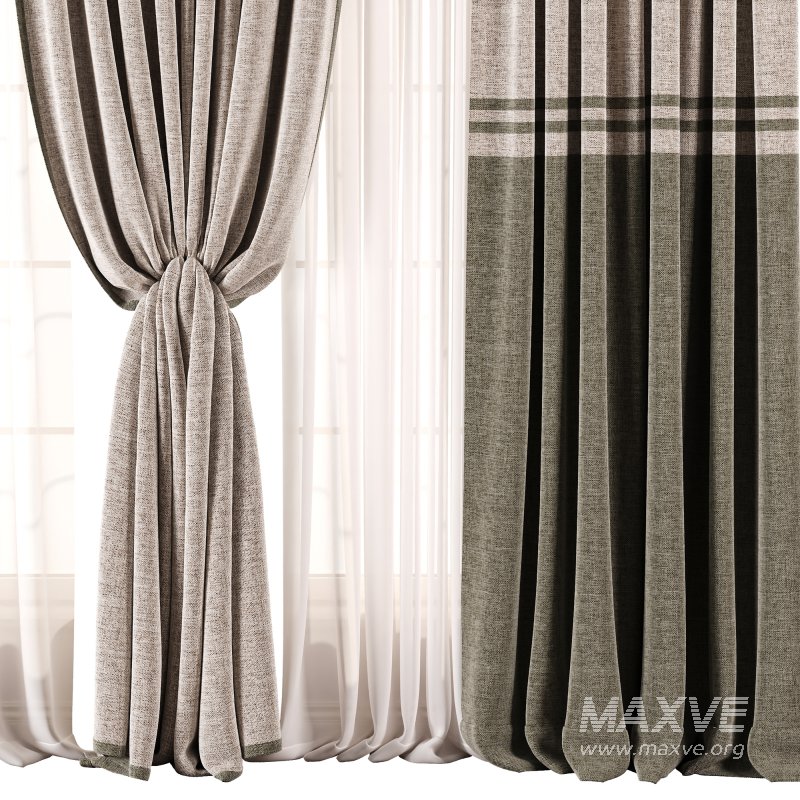 Olive Contrast Linen Curtain Set with Decorative Trim - Image 2