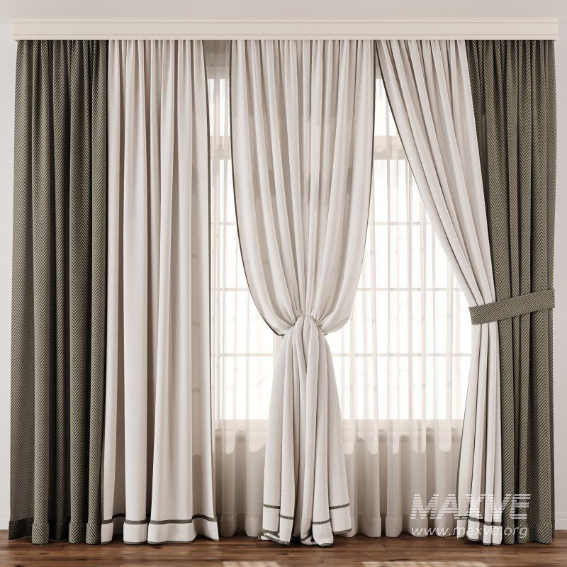 Herringbone Contrast Curtain Set with Beige Drapes and Trim - Image 4