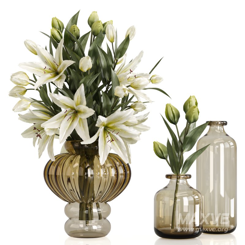 Lily Bouquet with Amber Glass Vases - Image 2