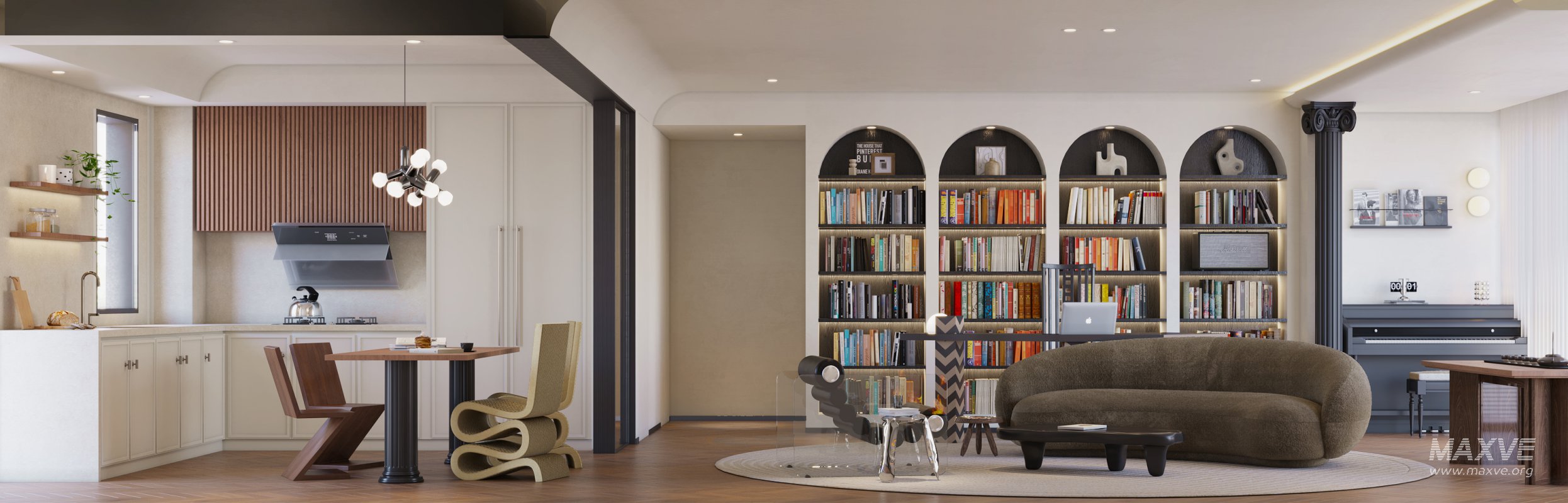 Modern living room and dining room kitchen interior scene - Image 1