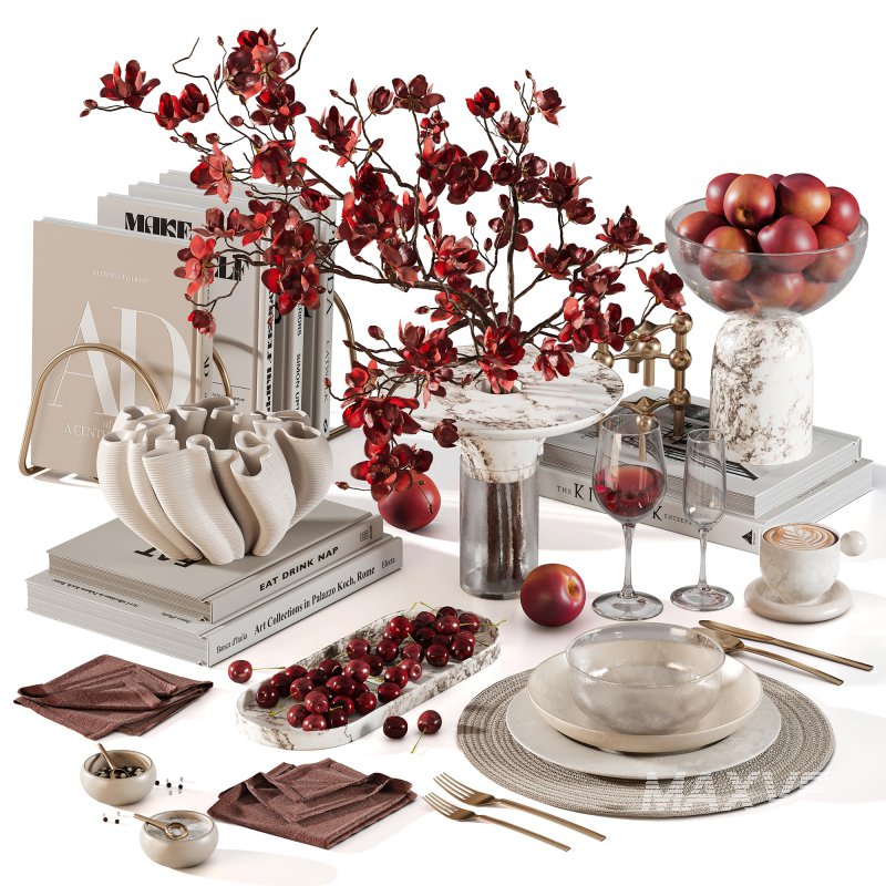 Red Harmony Cherry Blossom and Plum Coffee Table Set - Image 1
