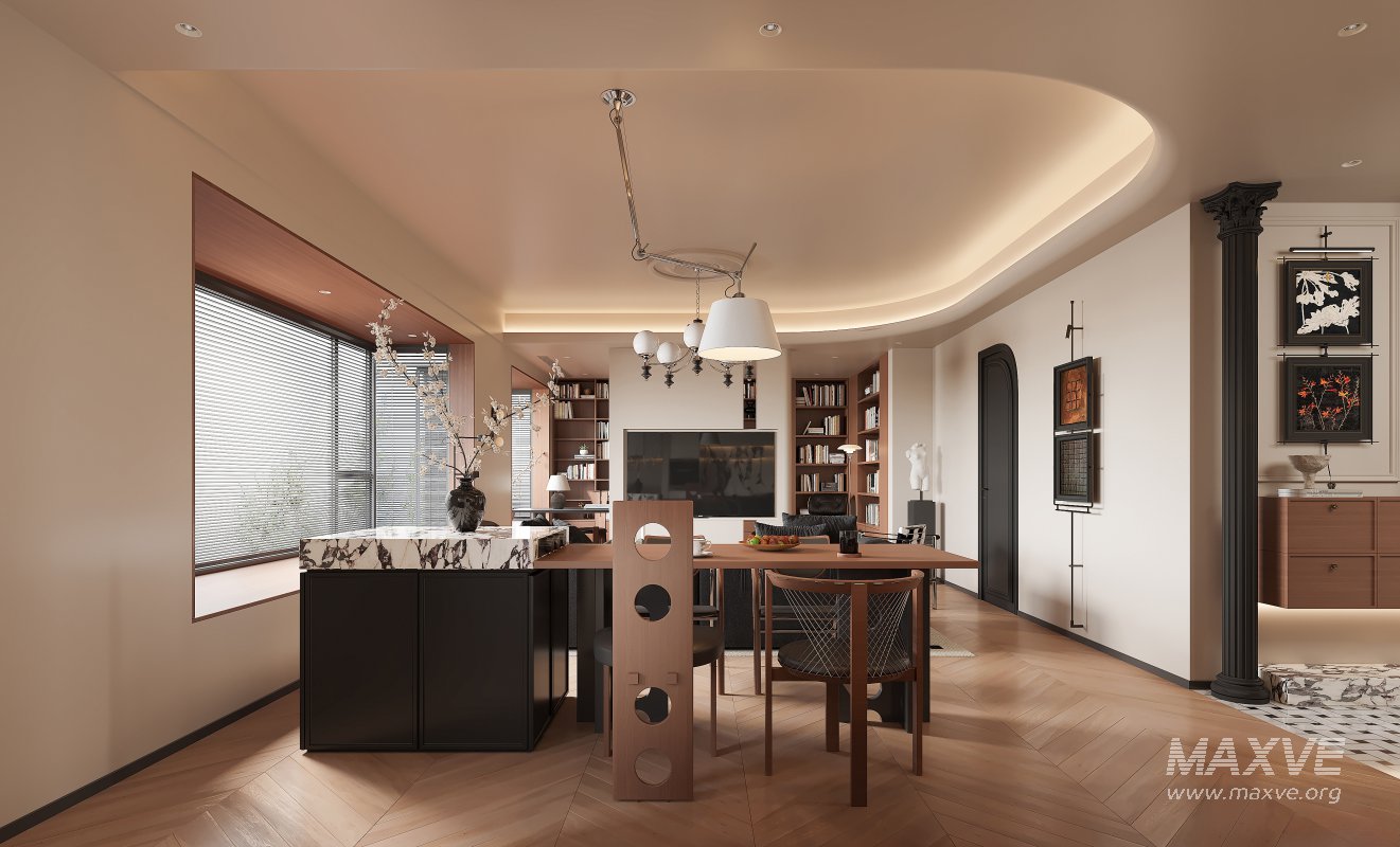 Modern living room and dining room office room interior scene - Image 1