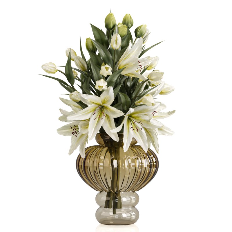 Lily Bouquet with Amber Glass Vases - Image 1