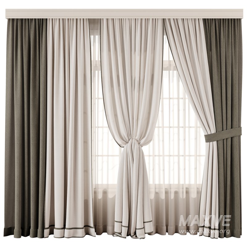 Herringbone Contrast Curtain Set with Beige Drapes and Trim - Image 1