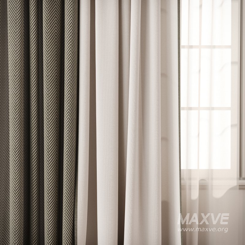Herringbone Contrast Curtain Set with Beige Drapes and Trim - Image 2
