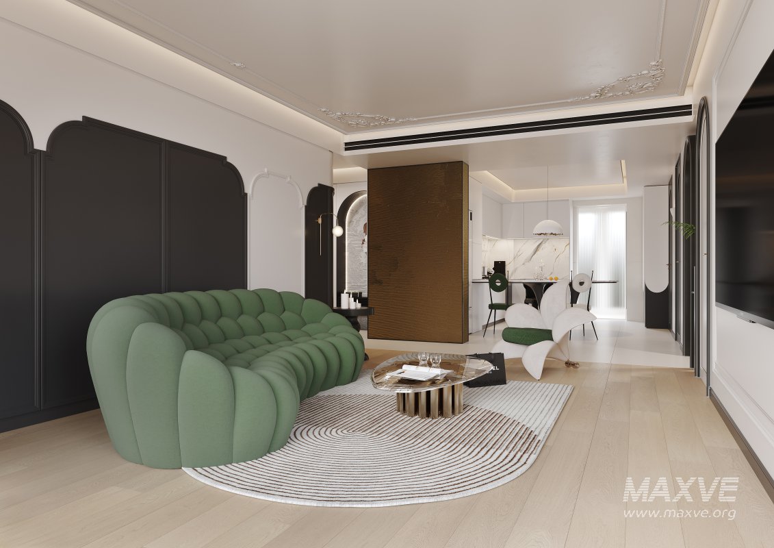 Modern living room and dining room kitchen interior scene - Image 1