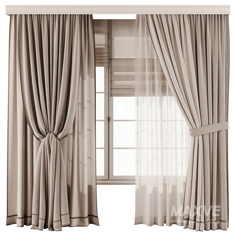 Herringbone Linen Curtain Set with Roman Blind and Sheer Layer - Image 1