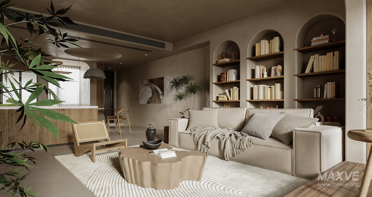 Modern living room and dining room kitchen interior scene - Image 1