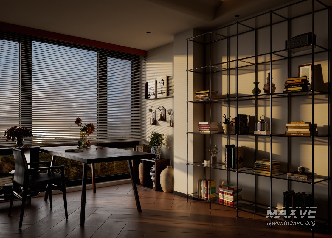 Modern living room and dining room office room interior scene - Image 1