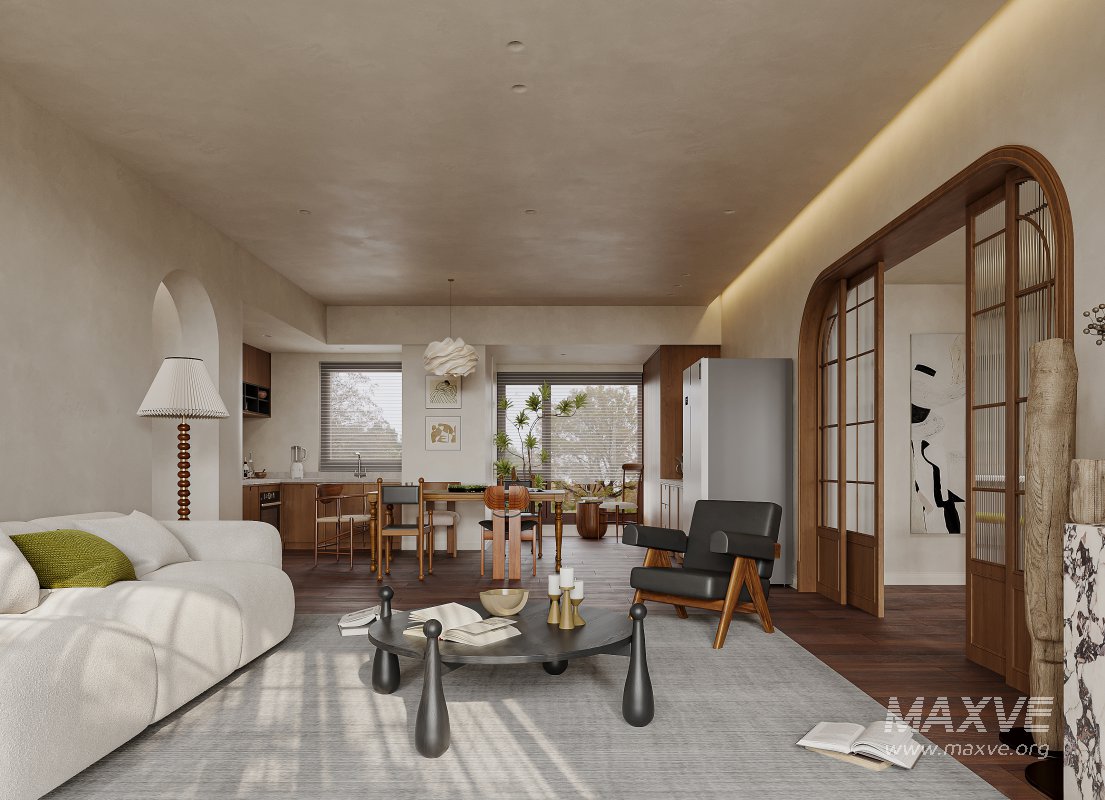 Modern living room and dining room kitchen interior scene - Image 1