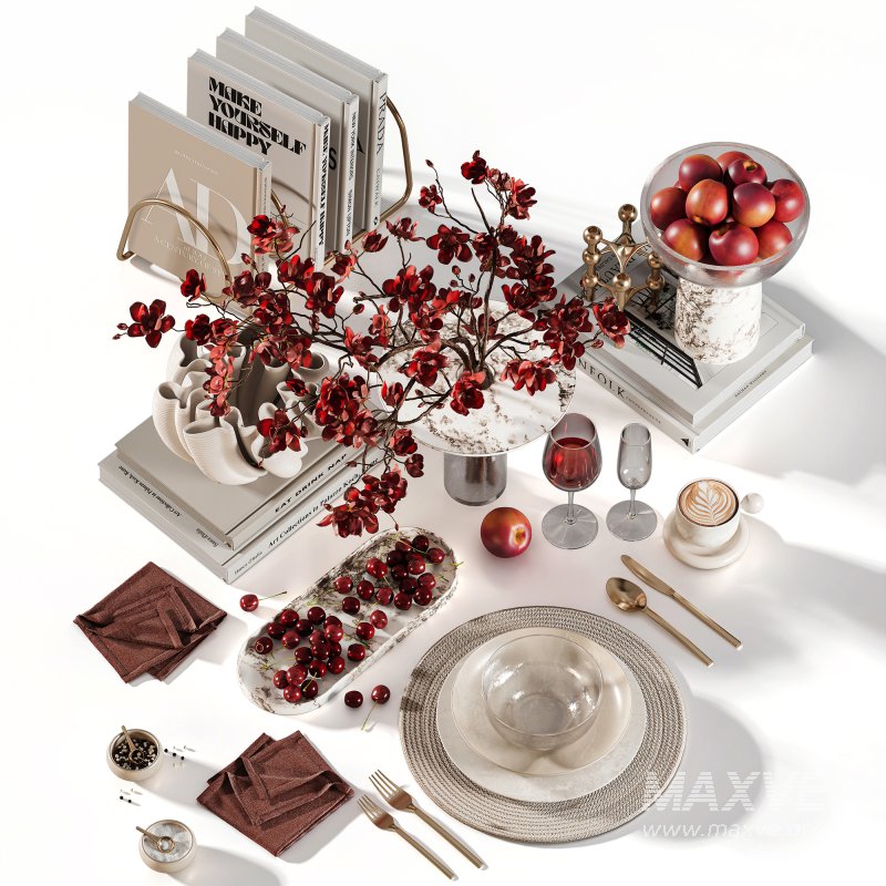 Red Harmony Cherry Blossom and Plum Coffee Table Set - Image 4