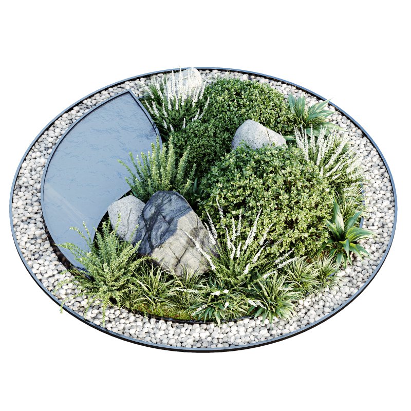 ntal grasses, flowering plants, and natural stones in a refined circular layout. Accented with decorative gravel and a reflective water feature, the design blends natural greenery with modern geometry, making it ideal for courtyards, terraces, and architectural garden projects. Its balanced mix of textures and forms creates both realism and aesthetic sophistication for exterior visualizations. - Image 2