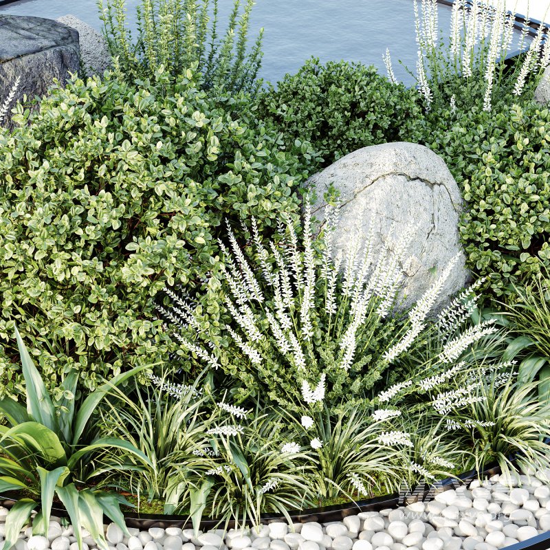 ntal grasses, flowering plants, and natural stones in a refined circular layout. Accented with decorative gravel and a reflective water feature, the design blends natural greenery with modern geometry, making it ideal for courtyards, terraces, and architectural garden projects. Its balanced mix of textures and forms creates both realism and aesthetic sophistication for exterior visualizations. - Image 1