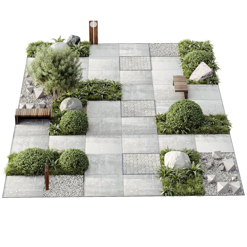 ntal grasses, stone accents, and concrete tiles arranged in a harmonious architectural design. The layout captures both natural beauty and structured minimalism, making it perfect for contemporary gardens, courtyards, and high-end outdoor visualizations. - Image 4