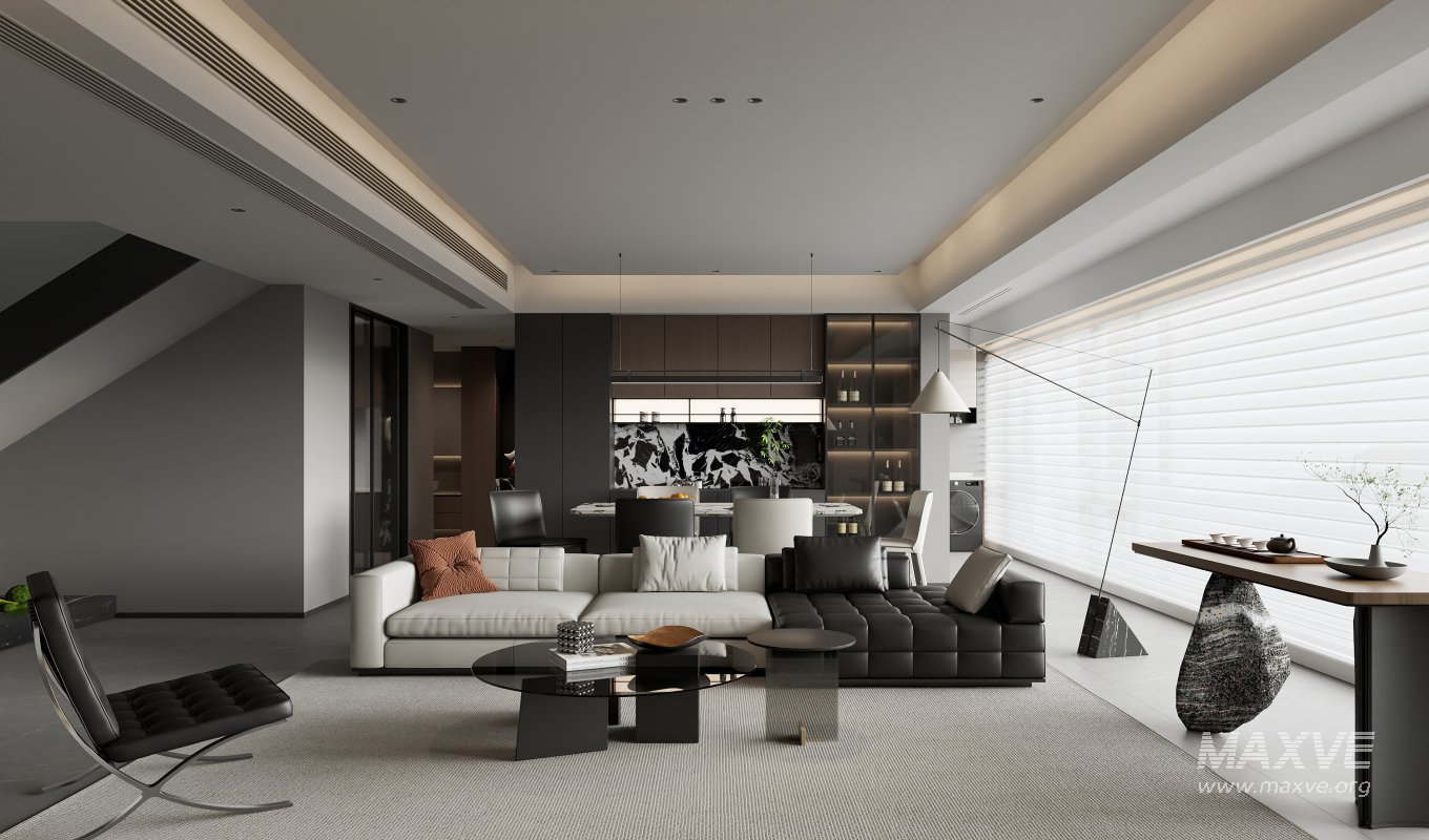 Modern living room and dining room interior scene - Image 1