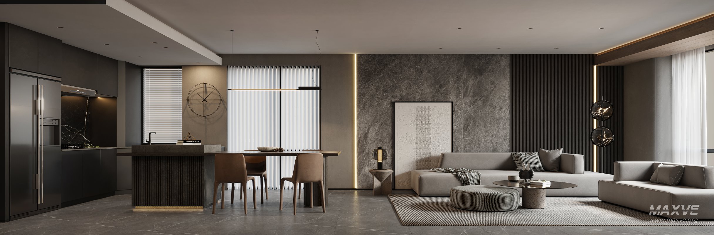 Modern living room and dining room bedroom interior scene - Image 1