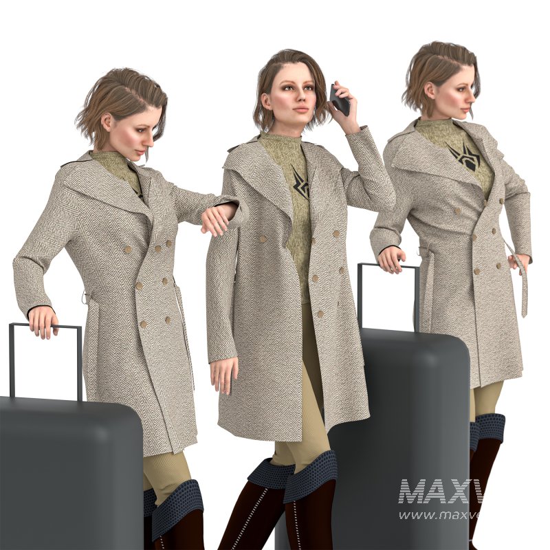 Travel Woman in Trip With Coat in 03 Poses - Image 2