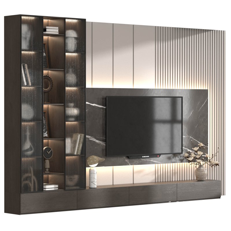 Modern TV Wall Unit with Dark Wood, Marble Back Panel and Glass Cabinets-Set 05 - Image 1