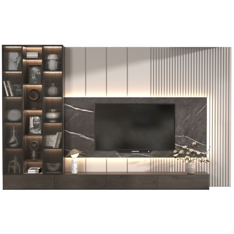 Modern TV Wall Unit with Dark Wood, Marble Back Panel and Glass Cabinets-Set 05 - Image 2