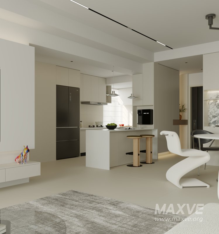 Modern living room and dining room kitchen interior scene - Image 1