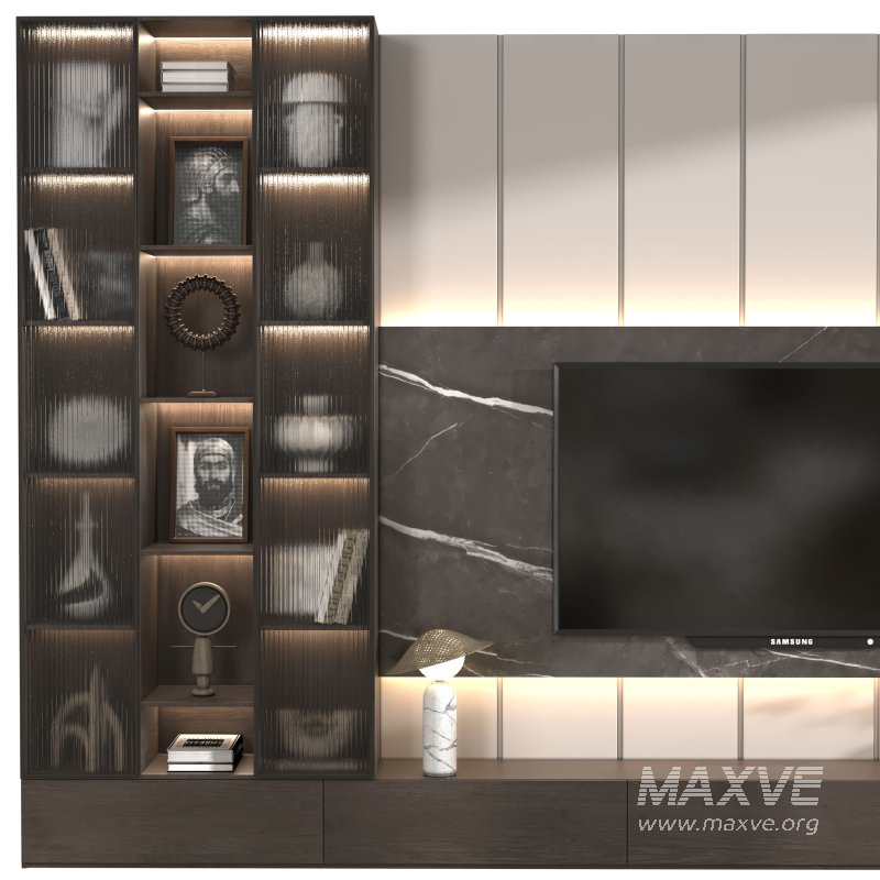 Modern TV Wall Unit with Dark Wood, Marble Back Panel and Glass Cabinets-Set 05 - Image 4