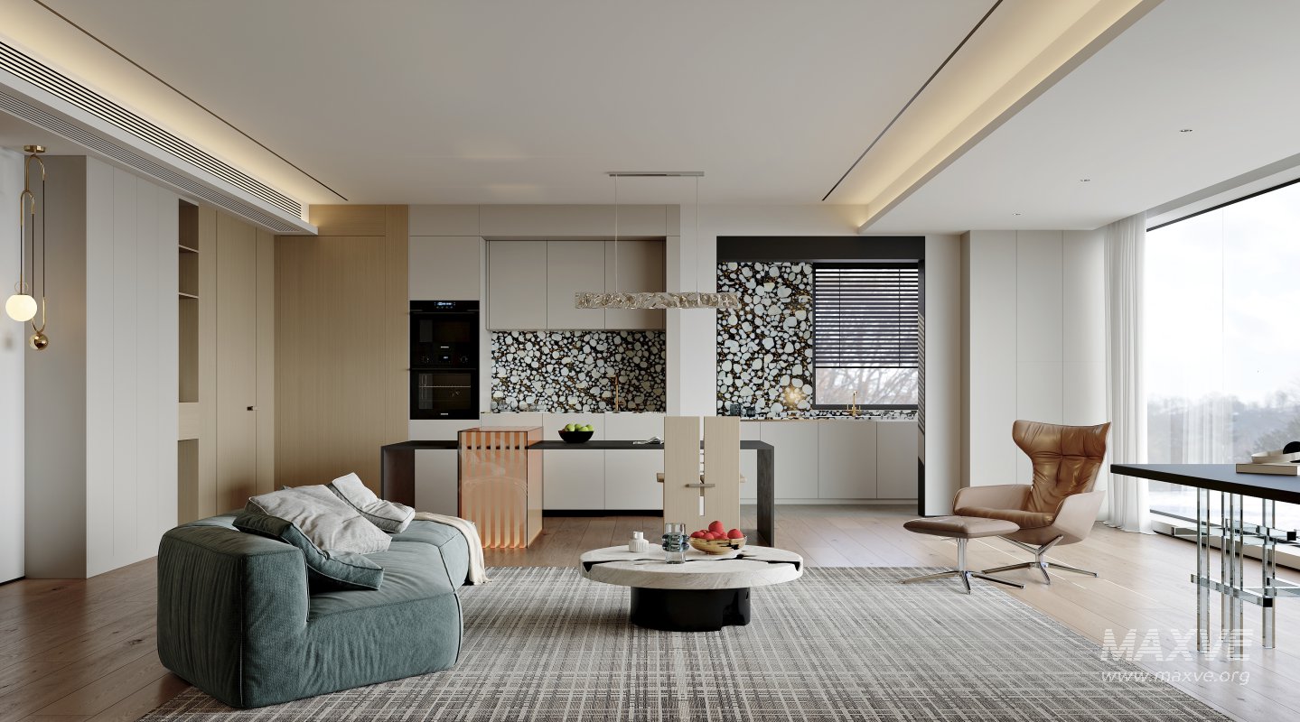 Modern living room and dining room interior scene - Image 1