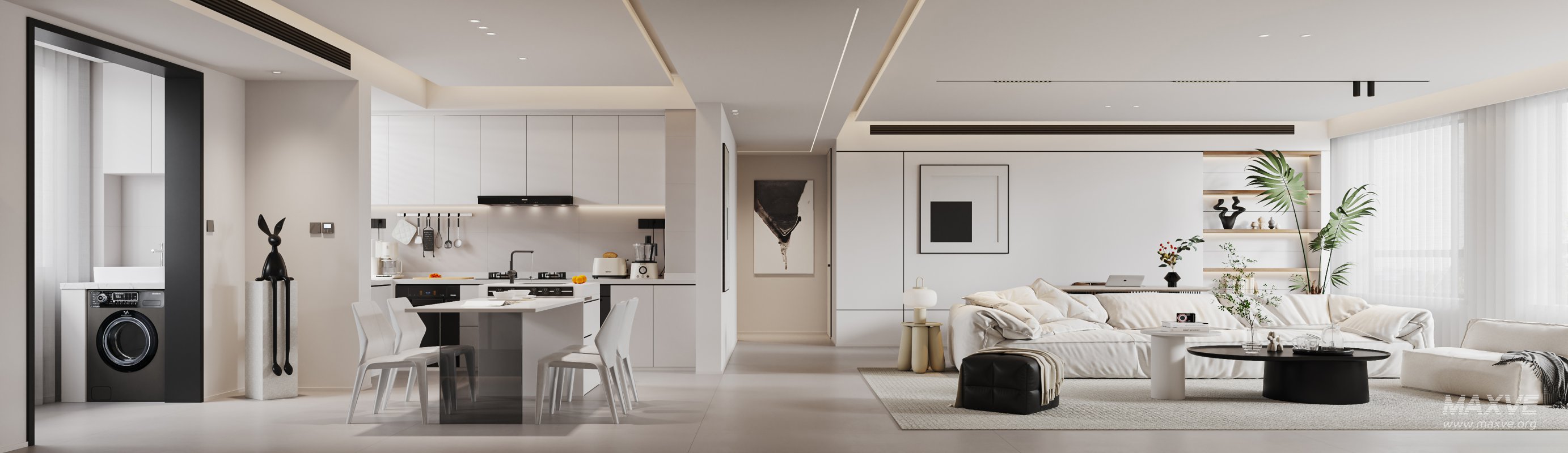 Modern living room and dining room kitchen interior scene - Image 1