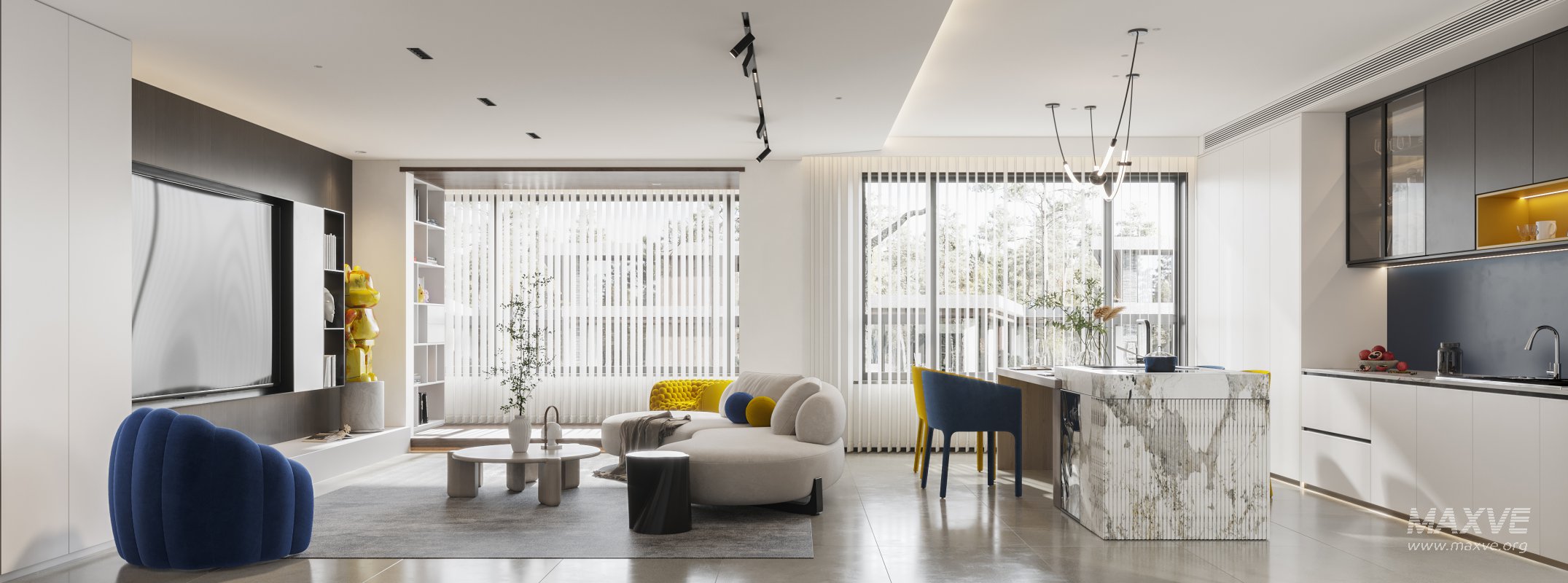 Modern living room and dining room bedroom interior scene - Image 1