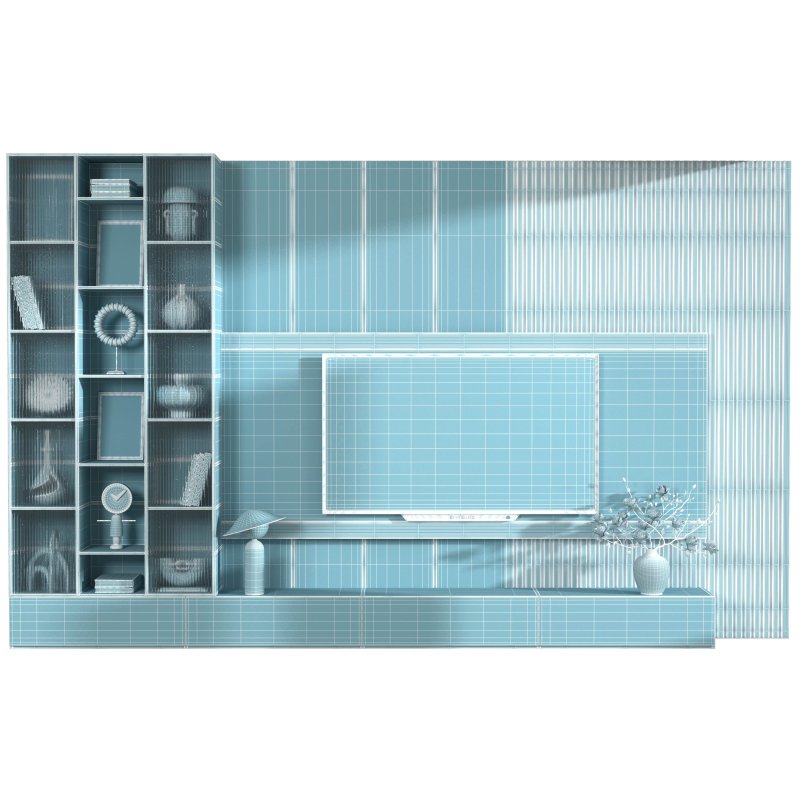 Modern TV Wall Unit with Dark Wood, Marble Back Panel and Glass Cabinets-Set 05 - Image 5