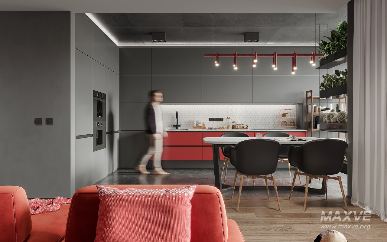 Modern living room and dining room kitchen interior scene - Image 1