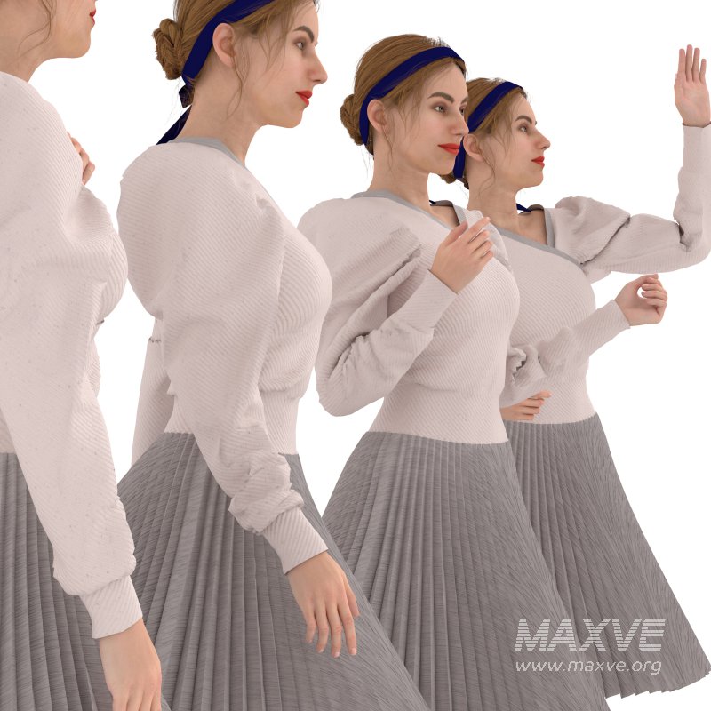 woman_pleated skirt_ blouse 04 poses - Image 4