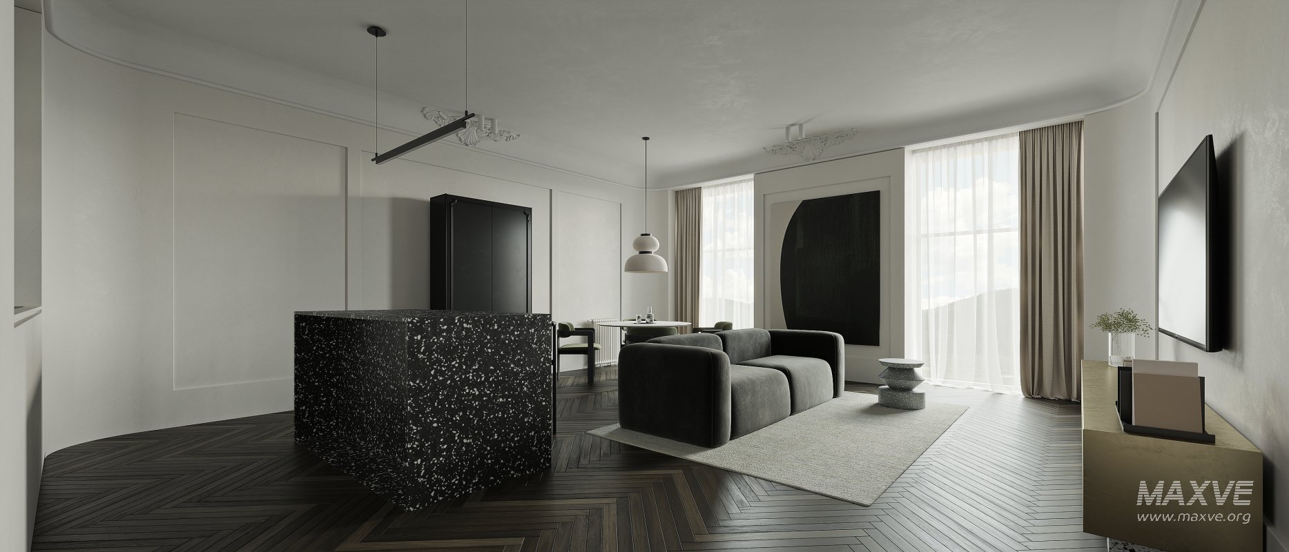 Modern living room and dining room interior scene - Image 1