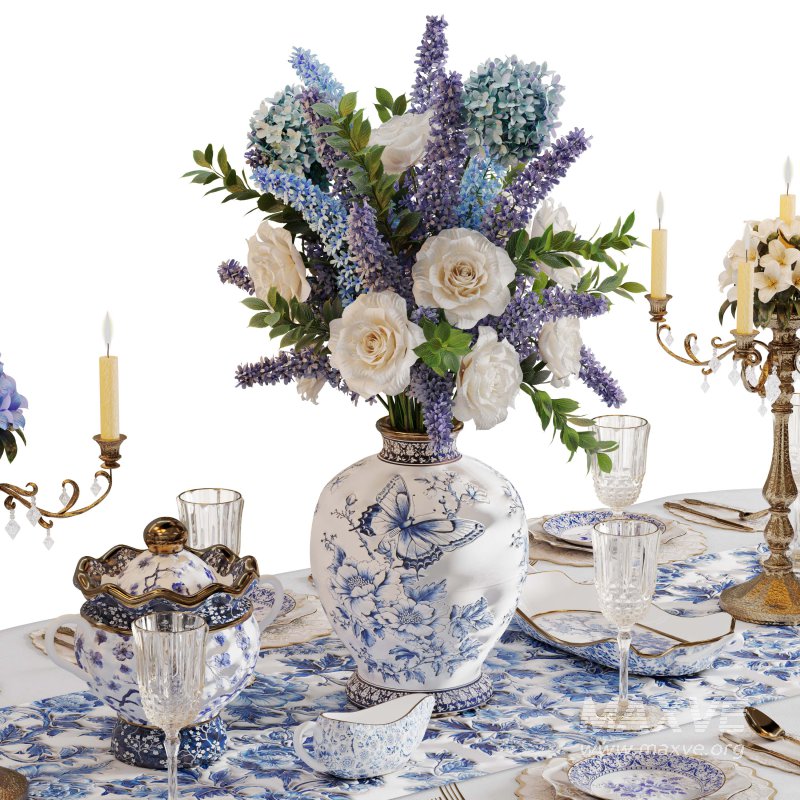 Luxury Blue & White Dining Table Set with Floral Centerpiece - Image 4