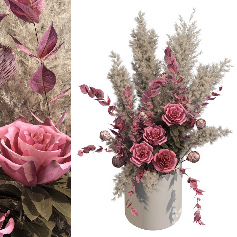 Romantic Pink Roses with Pampas in Ceramic Vase. Bouquet of flowers set 003 - Image 4