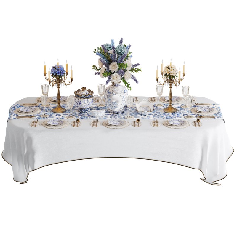 Luxury Blue & White Dining Table Set with Floral Centerpiece - Image 3