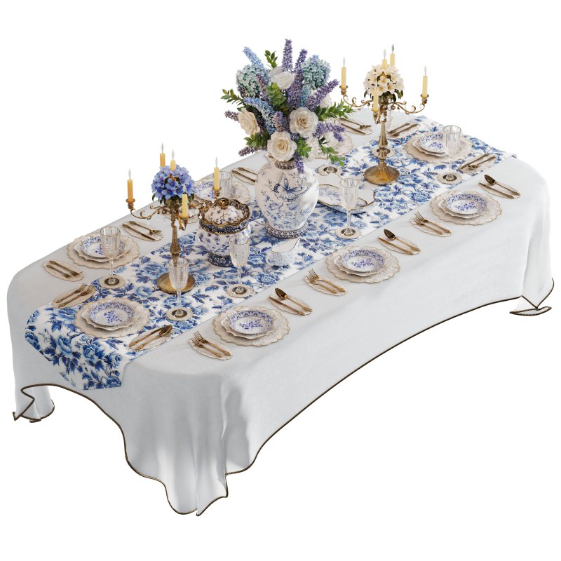 Luxury Blue & White Dining Table Set with Floral Centerpiece - Image 1