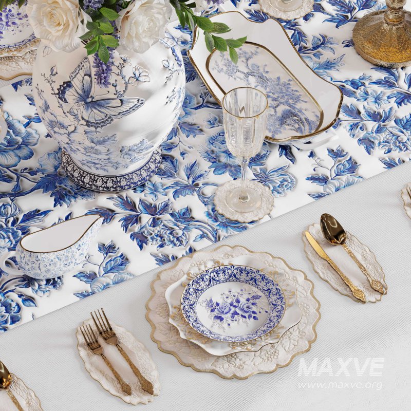 Luxury Blue & White Dining Table Set with Floral Centerpiece - Image 5