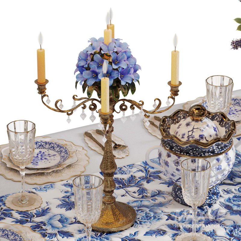 Luxury Blue & White Dining Table Set with Floral Centerpiece - Image 6