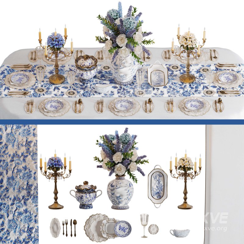 Luxury Blue & White Dining Table Set with Floral Centerpiece - Image 2