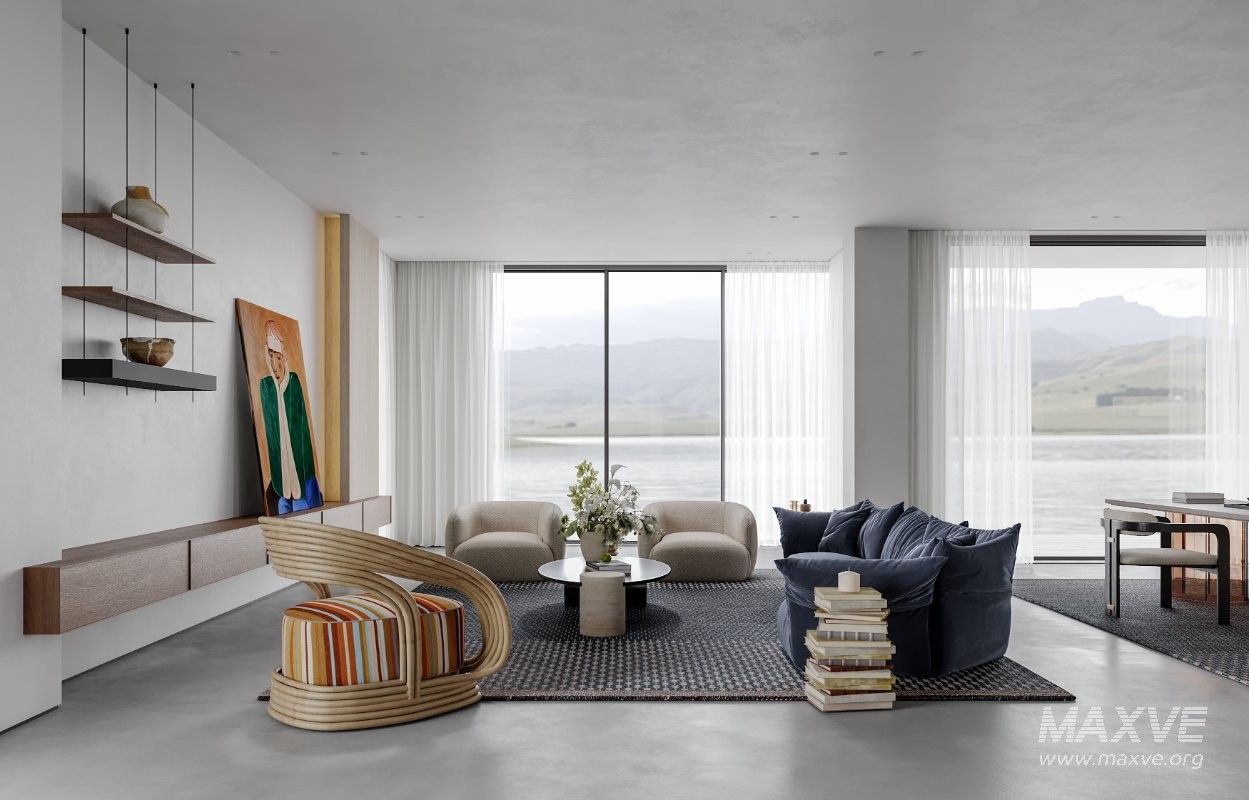 Modern living room and dining room office room interior scene - Image 1