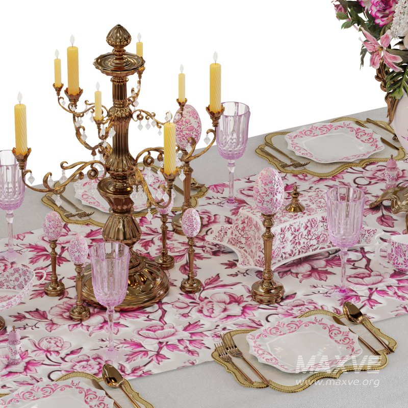 Luxury Pink & Gold Dining Table Decor Wedding Banquet 3D Model - Image 5