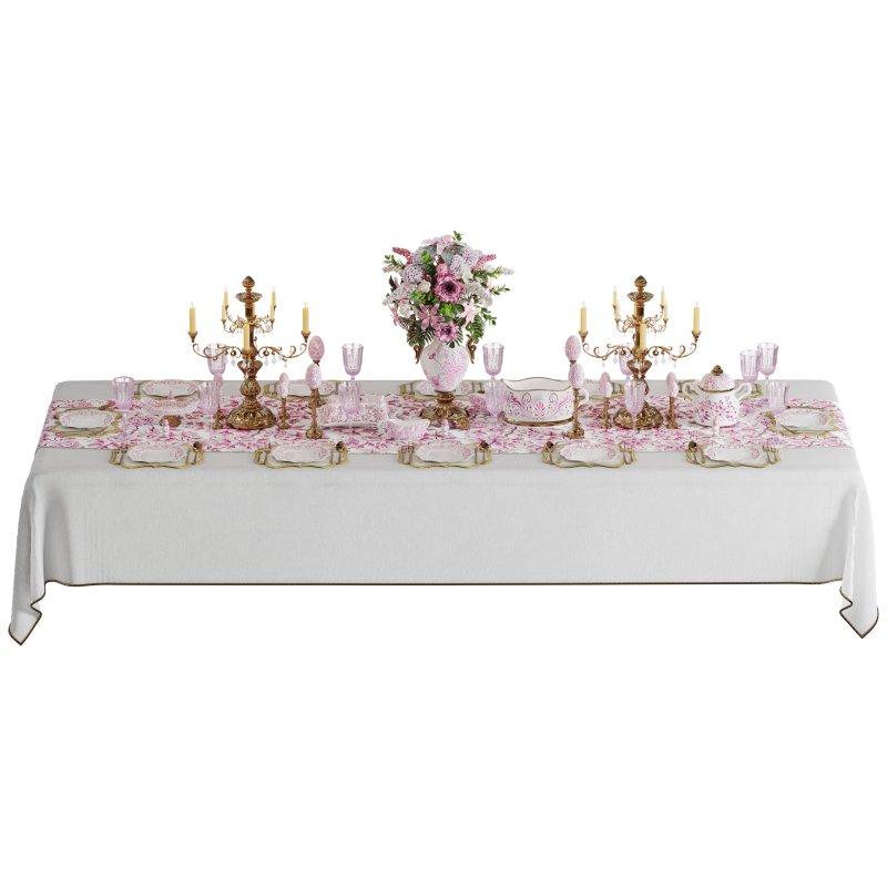 Luxury Pink & Gold Dining Table Decor Wedding Banquet 3D Model - Image 3