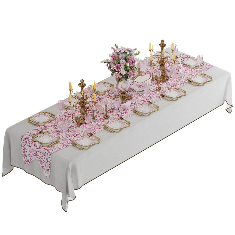 Luxury Pink & Gold Dining Table Decor Wedding Banquet 3D Model - Image 1