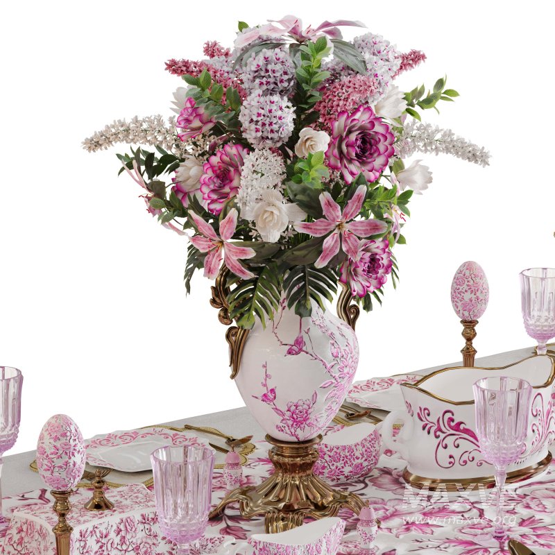 Luxury Pink & Gold Dining Table Decor Wedding Banquet 3D Model - Image 4