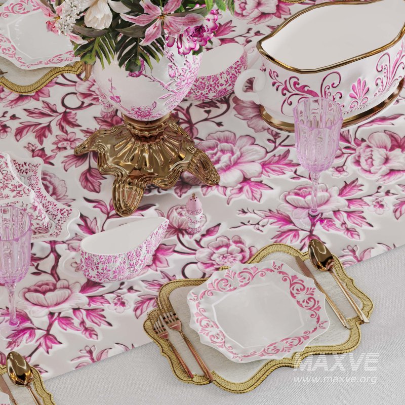 Luxury Pink & Gold Dining Table Decor Wedding Banquet 3D Model - Image 6