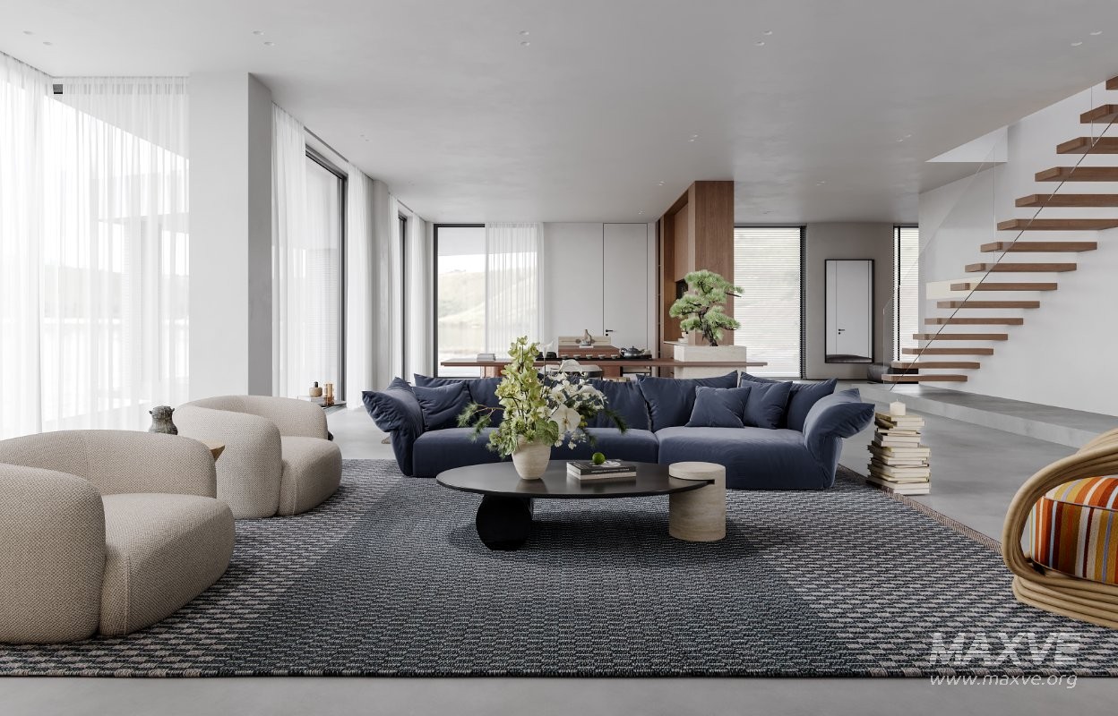 Modern living room and dining room office room interior scene - Image 5